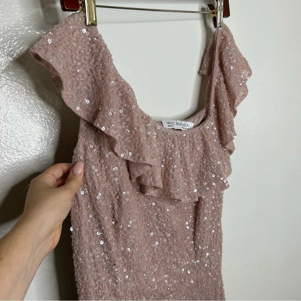 Mac Duggal One Shoulder Asymmetrical Sequin Gown Pink 8